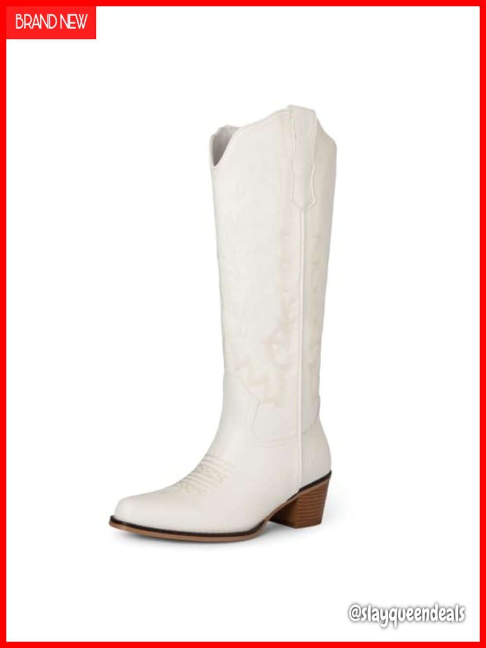 Pointed Toe Chunky Heel Knee High Cowboy Boots Faux Leather Pull On